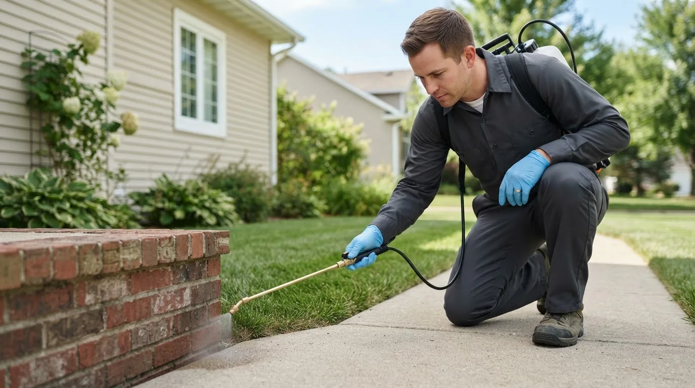 Pest control technician treating a home near Webster, ND